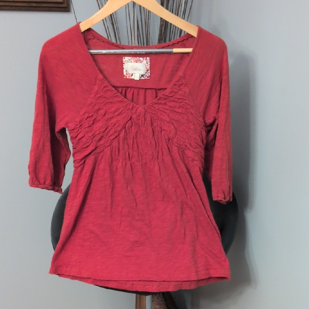 Deletta Orange Red Bohemian-style Ruched V-Neck Blouse